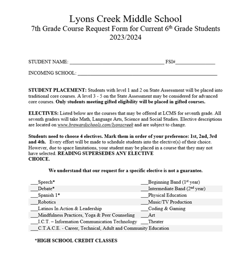  7th Grade Course Request Form
